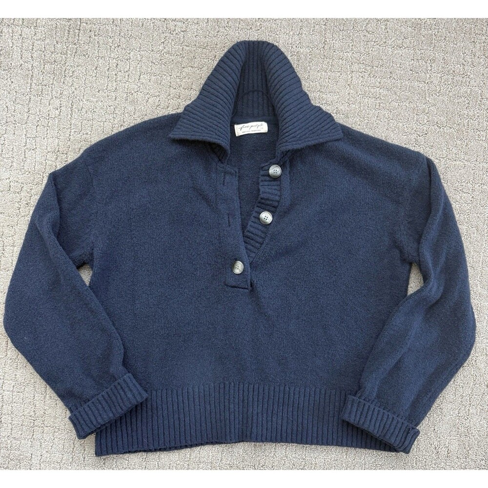 Free People Trading Up Polo Sweater S Navy Chunky Preppy Collared Relaxed Knit